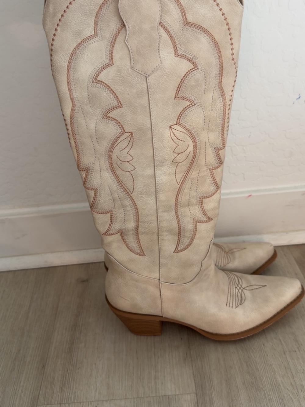 Women's Wet Kiss Cream Over-the-Knee Western Boots with Embroidered Shaft